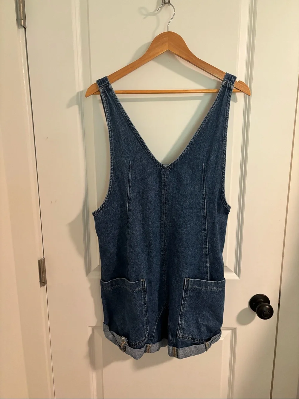 FREE PEOPLE We The Free High Roller Shortall Blue Denim Shorts Overalls Small